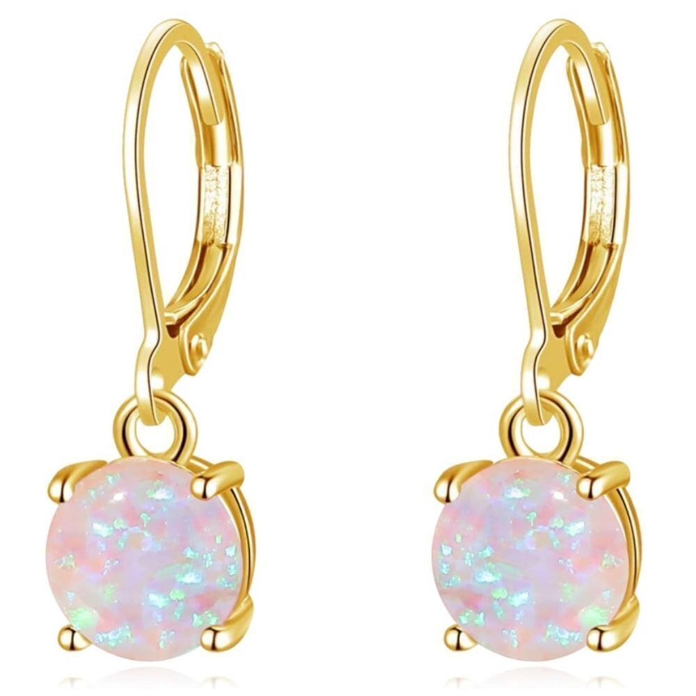 14K Yellow Gold with Round Genuine Pink and Purple Fire Opal Leverback Earrings